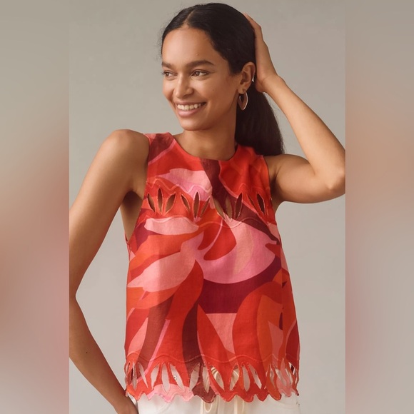 FARM Rio Tops - FARM Rio Red and Pink Sleeveless Scalloped Hem Blouse